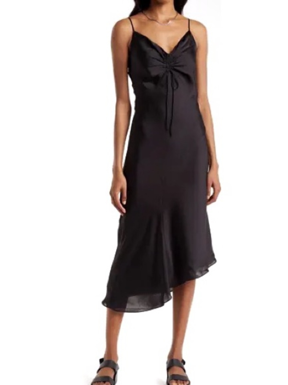 Black Slip Asymmetric Midi Dress with Front Tie